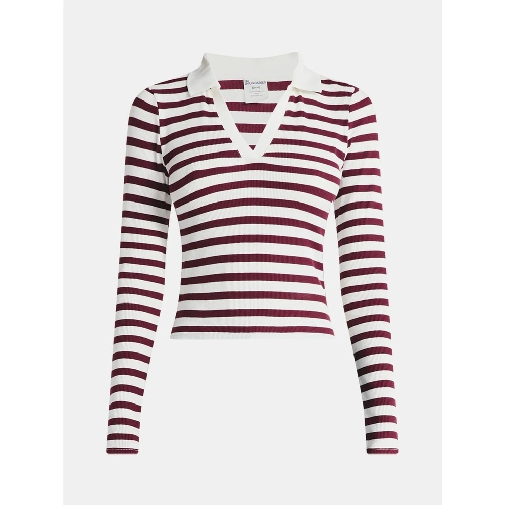 Preppy Johnny Collar Y2K VIBE Long Sleeve Tee Sz L Dark Cherry White Stripe‎ NWT